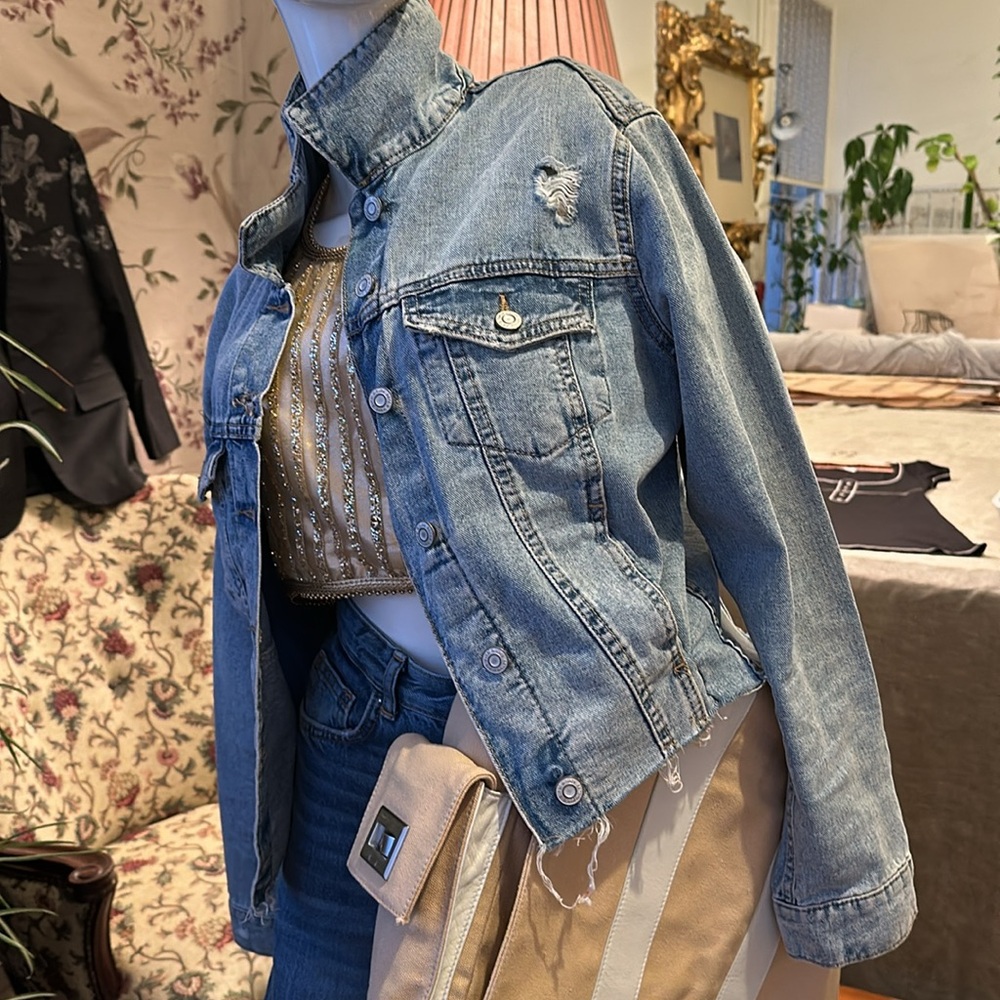 Kensie Denim Distressed Jacket Light Blue Holes rips design Cotton Relax fit